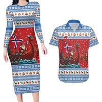 Norway Viking Santa Christmas Couples Matching Long Sleeve Bodycon Dress and Hawaiian Shirt Funny Reindeer Norse Xmas - Wonder Print Shop