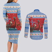 Norway Viking Santa Christmas Couples Matching Long Sleeve Bodycon Dress and Long Sleeve Button Shirt Funny Reindeer Norse Xmas - Wonder Print Shop