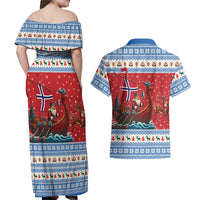 Norway Viking Santa Christmas Couples Matching Off Shoulder Maxi Dress and Hawaiian Shirt Funny Reindeer Norse Xmas - Wonder Print Shop