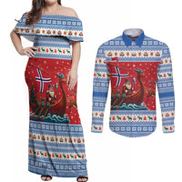 Norway Viking Santa Christmas Couples Matching Off Shoulder Maxi Dress and Long Sleeve Button Shirt Funny Reindeer Norse Xmas - Wonder Print Shop