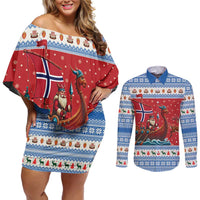 Norway Viking Santa Christmas Couples Matching Off Shoulder Short Dress and Long Sleeve Button Shirt Funny Reindeer Norse Xmas - Wonder Print Shop