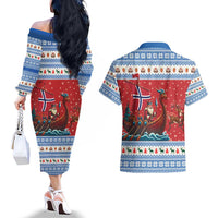 Norway Viking Santa Christmas Couples Matching Off The Shoulder Long Sleeve Dress and Hawaiian Shirt Funny Reindeer Norse Xmas - Wonder Print Shop