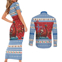 Norway Viking Santa Christmas Couples Matching Short Sleeve Bodycon Dress and Long Sleeve Button Shirt Funny Reindeer Norse Xmas - Wonder Print Shop