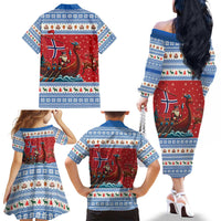 Norway Viking Santa Christmas Family Matching Off The Shoulder Long Sleeve Dress and Hawaiian Shirt Funny Reindeer Norse Xmas - Wonder Print Shop