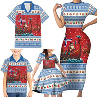 Norway Viking Santa Christmas Family Matching Short Sleeve Bodycon Dress and Hawaiian Shirt Funny Reindeer Norse Xmas - Wonder Print Shop