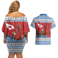 Greenland Viking Santa Christmas Couples Matching Off Shoulder Short Dress and Hawaiian Shirt Funny Reindeer Norse Xmas - Wonder Print Shop