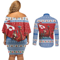 Greenland Viking Santa Christmas Couples Matching Off Shoulder Short Dress and Long Sleeve Button Shirt Funny Reindeer Norse Xmas - Wonder Print Shop