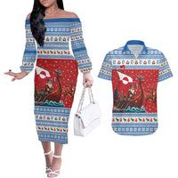 Greenland Viking Santa Christmas Couples Matching Off The Shoulder Long Sleeve Dress and Hawaiian Shirt Funny Reindeer Norse Xmas - Wonder Print Shop