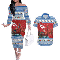 Greenland Viking Santa Christmas Couples Matching Off The Shoulder Long Sleeve Dress and Hawaiian Shirt Funny Reindeer Norse Xmas - Wonder Print Shop