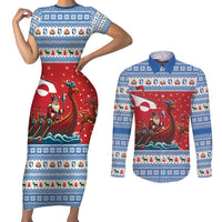 Greenland Viking Santa Christmas Couples Matching Short Sleeve Bodycon Dress and Long Sleeve Button Shirt Funny Reindeer Norse Xmas - Wonder Print Shop