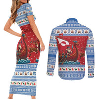 Greenland Viking Santa Christmas Couples Matching Short Sleeve Bodycon Dress and Long Sleeve Button Shirt Funny Reindeer Norse Xmas - Wonder Print Shop