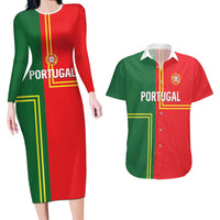 Custom Portugal Football Couples Matching Long Sleeve Bodycon Dress and Hawaiian Shirt Coat of Arms Line Art Style - Wonder Print Shop
