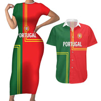 Custom Portugal Football Couples Matching Short Sleeve Bodycon Dress and Hawaiian Shirt Coat of Arms Line Art Style - Wonder Print Shop