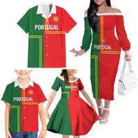 Custom Portugal Football Family Matching Off The Shoulder Long Sleeve Dress and Hawaiian Shirt Coat of Arms Line Art Style - Wonder Print Shop