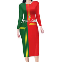 Custom Portugal Football Long Sleeve Bodycon Dress Coat of Arms Line Art Style - Wonder Print Shop