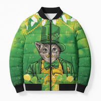 Funny Cat St Patrick's Day Bomber Puffer Jacket Irish Leprechaun Lucky Cat