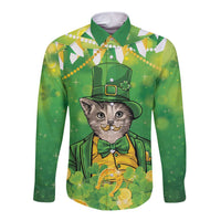 Funny Cat St Patrick's Day Long Sleeve Button Shirt Irish Leprechaun Lucky Cat