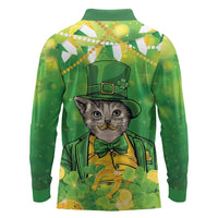 Funny Cat St Patrick's Day Long Sleeve Polo Shirt Irish Leprechaun Lucky Cat