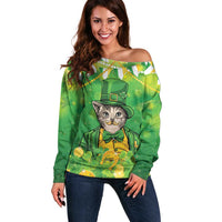 Funny Cat St Patrick's Day Off Shoulder Sweater Irish Leprechaun Lucky Cat