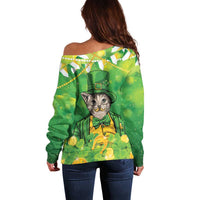 Funny Cat St Patrick's Day Off Shoulder Sweater Irish Leprechaun Lucky Cat
