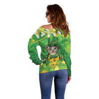 Funny Cat St Patrick's Day Off Shoulder Sweater Irish Leprechaun Lucky Cat
