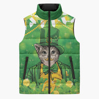 Funny Cat St Patrick's Day Sleeveless Puffer Jacket Irish Leprechaun Lucky Cat