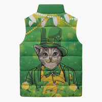 Funny Cat St Patrick's Day Sleeveless Puffer Jacket Irish Leprechaun Lucky Cat
