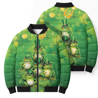 Funny Frog St Patrick's Day Bomber Puffer Jacket Lucky Shamrock Frog