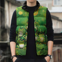 Funny Frog St Patrick's Day Sleeveless Puffer Jacket Lucky Shamrock Frog