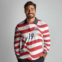 Custom World Football 2026 USA Long Sleeve Polo Shirt Wavy American Flag Stripes Graphic