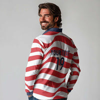 Custom World Football 2026 USA Long Sleeve Polo Shirt Wavy American Flag Stripes Graphic