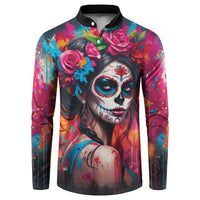 Mexico Day Of The Dead Button Sweatshirt Rose Catrina Goddess Sugar Skull - Wonder Print Shop