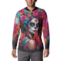 Mexico Day Of The Dead Button Sweatshirt Rose Catrina Goddess Sugar Skull - Wonder Print Shop