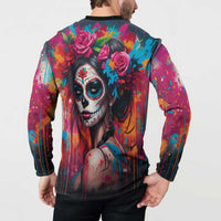 Mexico Day Of The Dead Button Sweatshirt Rose Catrina Goddess Sugar Skull - Wonder Print Shop