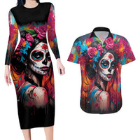 Mexico Day Of The Dead Couples Matching Long Sleeve Bodycon Dress and Hawaiian Shirt Rose Catrina Goddess Sugar Skull - Wonder Print Shop