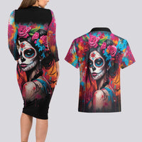 Mexico Day Of The Dead Couples Matching Long Sleeve Bodycon Dress and Hawaiian Shirt Rose Catrina Goddess Sugar Skull - Wonder Print Shop