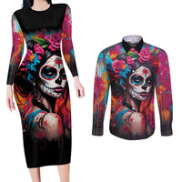 Mexico Day Of The Dead Couples Matching Long Sleeve Bodycon Dress and Long Sleeve Button Shirt Rose Catrina Goddess Sugar Skull - Wonder Print Shop
