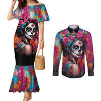 Mexico Day Of The Dead Couples Matching Mermaid Dress and Long Sleeve Button Shirt Rose Catrina Goddess Sugar Skull - Wonder Print Shop