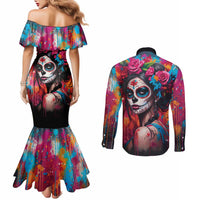 Mexico Day Of The Dead Couples Matching Mermaid Dress and Long Sleeve Button Shirt Rose Catrina Goddess Sugar Skull - Wonder Print Shop