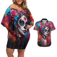 Mexico Day Of The Dead Couples Matching Off Shoulder Short Dress and Hawaiian Shirt Rose Catrina Goddess Sugar Skull - Wonder Print Shop