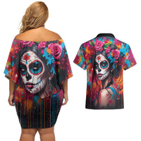 Mexico Day Of The Dead Couples Matching Off Shoulder Short Dress and Hawaiian Shirt Rose Catrina Goddess Sugar Skull - Wonder Print Shop