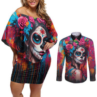 Mexico Day Of The Dead Couples Matching Off Shoulder Short Dress and Long Sleeve Button Shirt Rose Catrina Goddess Sugar Skull - Wonder Print Shop