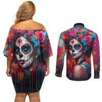 Mexico Day Of The Dead Couples Matching Off Shoulder Short Dress and Long Sleeve Button Shirt Rose Catrina Goddess Sugar Skull - Wonder Print Shop
