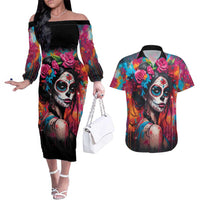 Mexico Day Of The Dead Couples Matching Off The Shoulder Long Sleeve Dress and Hawaiian Shirt Rose Catrina Goddess Sugar Skull - Wonder Print Shop