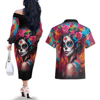 Mexico Day Of The Dead Couples Matching Off The Shoulder Long Sleeve Dress and Hawaiian Shirt Rose Catrina Goddess Sugar Skull - Wonder Print Shop