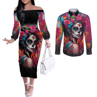 Mexico Day Of The Dead Couples Matching Off The Shoulder Long Sleeve Dress and Long Sleeve Button Shirt Rose Catrina Goddess Sugar Skull - Wonder Print Shop