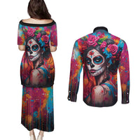 Mexico Day Of The Dead Couples Matching Puletasi and Long Sleeve Button Shirt Rose Catrina Goddess Sugar Skull - Wonder Print Shop