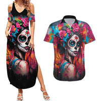 Mexico Day Of The Dead Couples Matching Summer Maxi Dress and Hawaiian Shirt Rose Catrina Goddess Sugar Skull - Wonder Print Shop