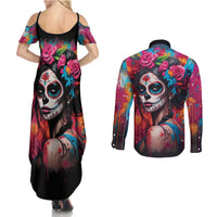 Mexico Day Of The Dead Couples Matching Summer Maxi Dress and Long Sleeve Button Shirt Rose Catrina Goddess Sugar Skull - Wonder Print Shop