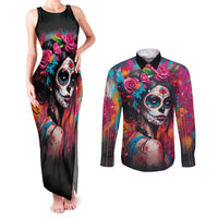Mexico Day Of The Dead Couples Matching Tank Maxi Dress and Long Sleeve Button Shirt Rose Catrina Goddess Sugar Skull - Wonder Print Shop